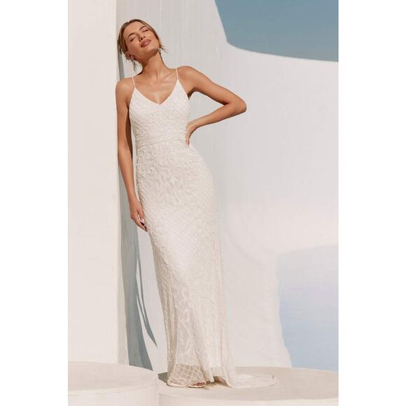 Lulus Bridal NWT Cherished Vow White Beaded Backless Mermaid Wedding Gown Dress - Picture 1 of 14